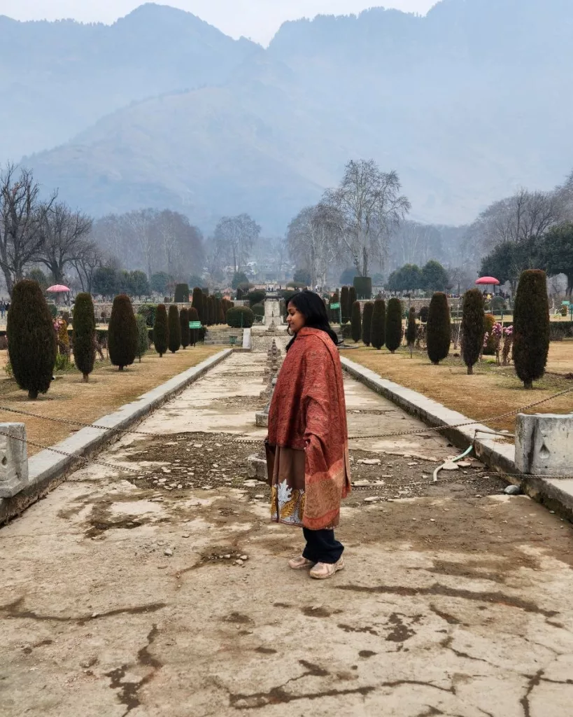 Mughal garden Nishat. Scenic view of the great Himalayas from Garden