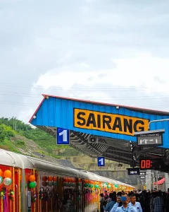 Sairang Railway station Inauguration ceremony. A new train is also getting started decorated with flowers and ballons in Indian Flag colors.